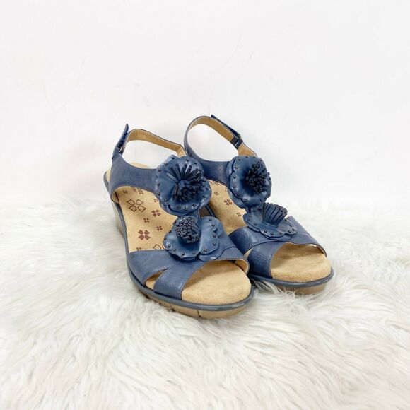 Naturalizer 9 N Womens Blue Leather Explorer Floral Detail Wedged Sandals - Picture 1 of 11